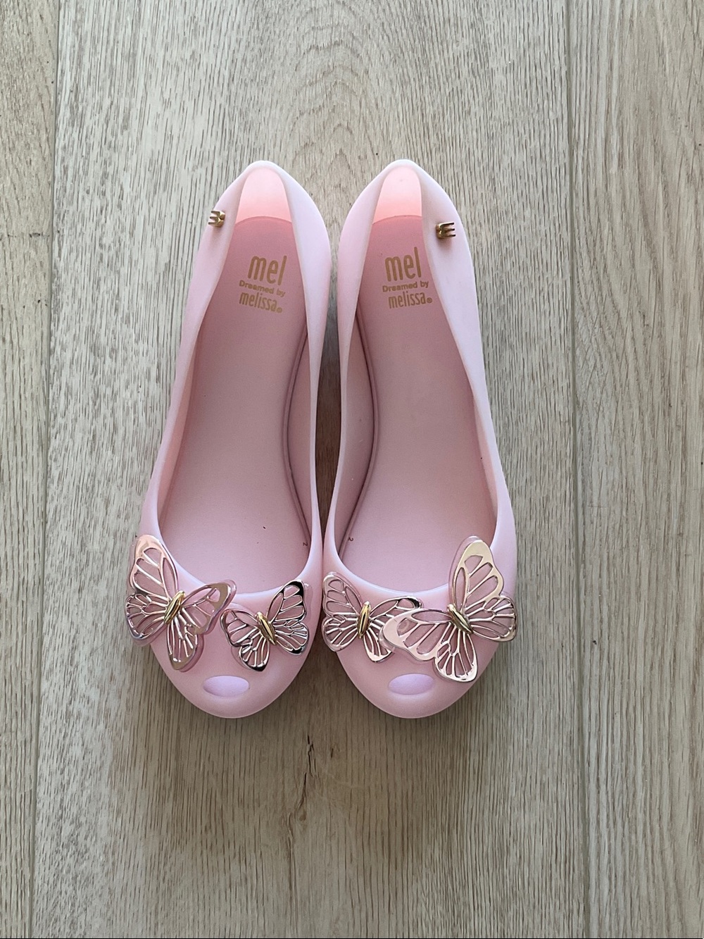 Mel by Melissa Pink Jelly Flats with Gold Butterfly Accents